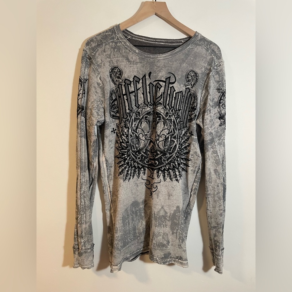 VTG Affliction Y2K Reversible Long Sleeve Gray Shirt Large Grunge Cross Wings - Picture 3 of 8
